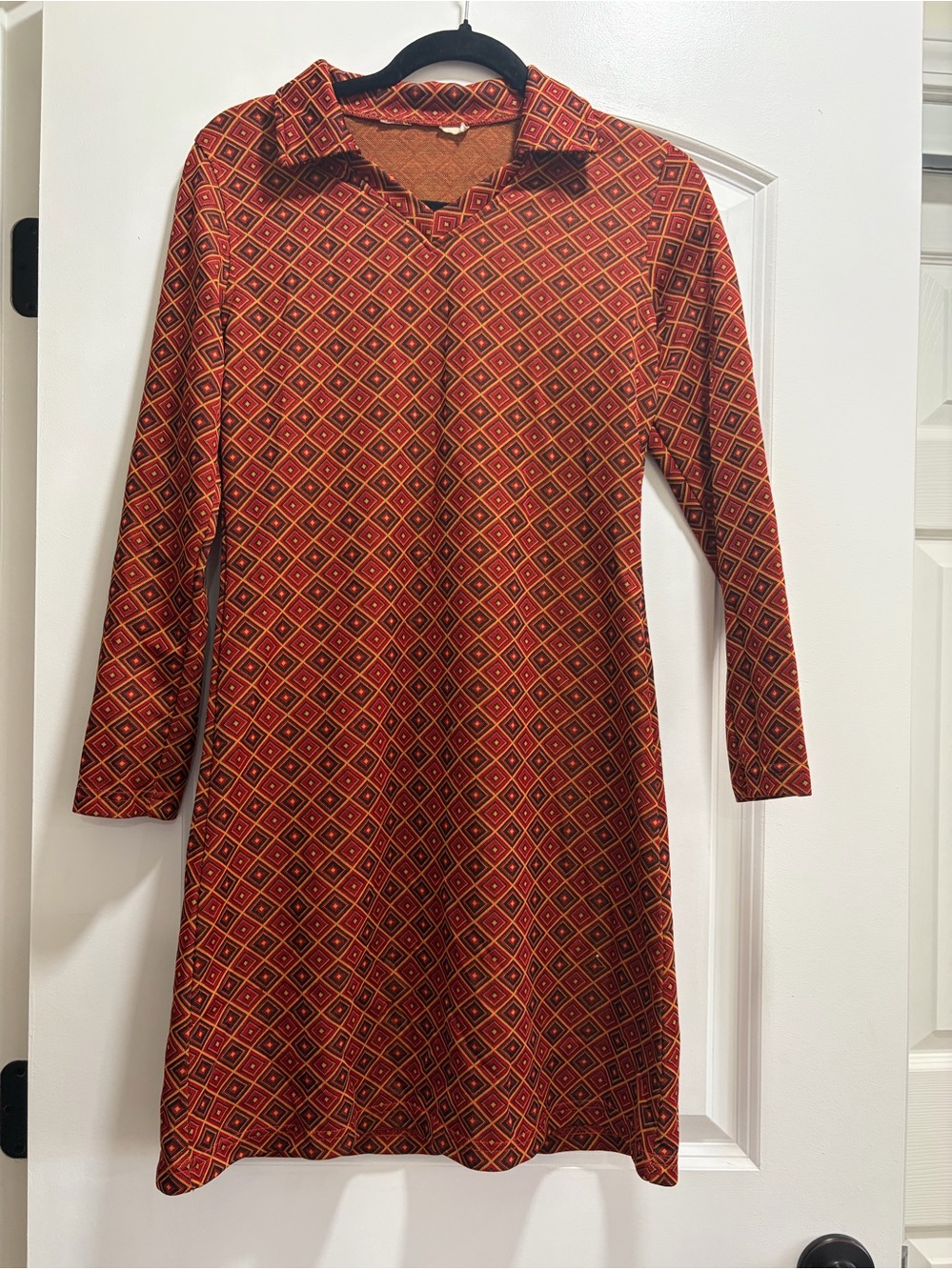 VTG 70s Mod Geometric Psychedelic Diamond Print Long Sleeve Mini Shift Dress